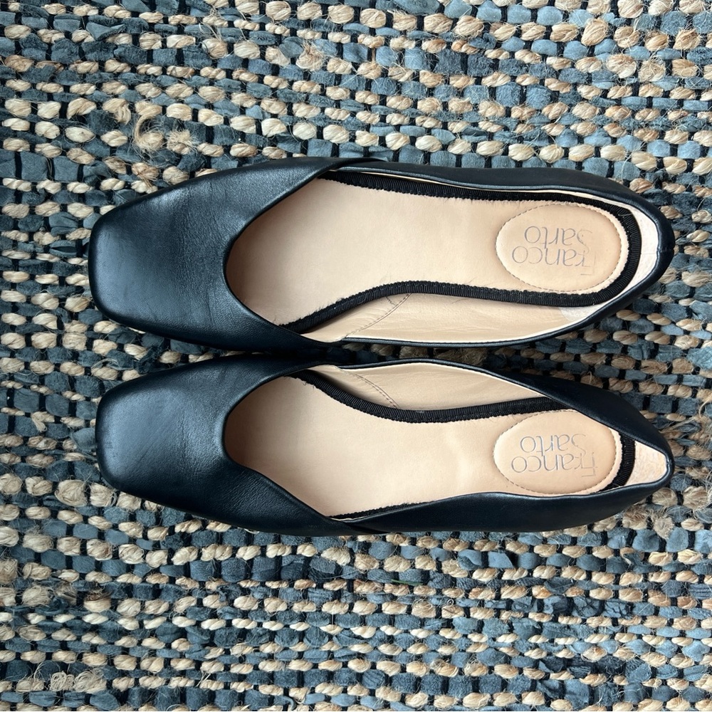 Franco Sarto Black leather ballet flat Anders silver heel square toe